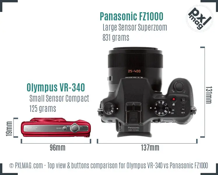 Olympus VR-340 vs Panasonic FZ1000 top view buttons comparison