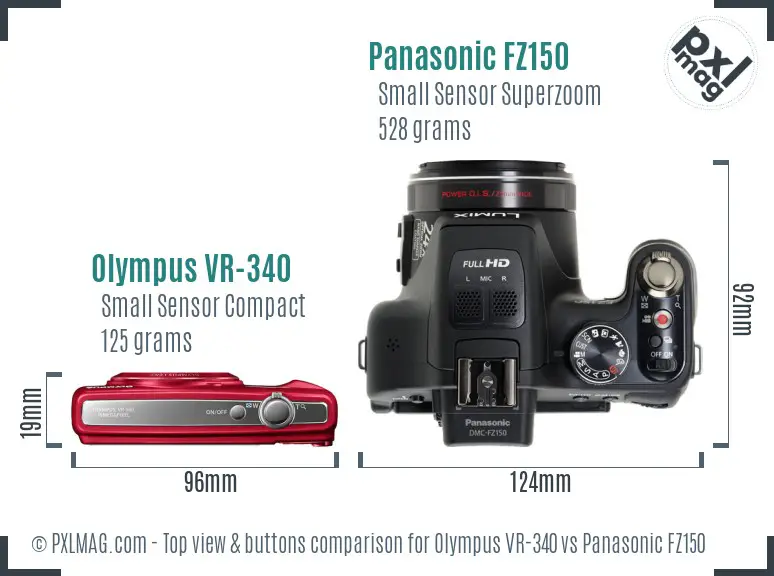 Olympus VR-340 vs Panasonic FZ150 top view buttons comparison Olympus VR-340 vs Panasonic FZ150 top view buttons comparison