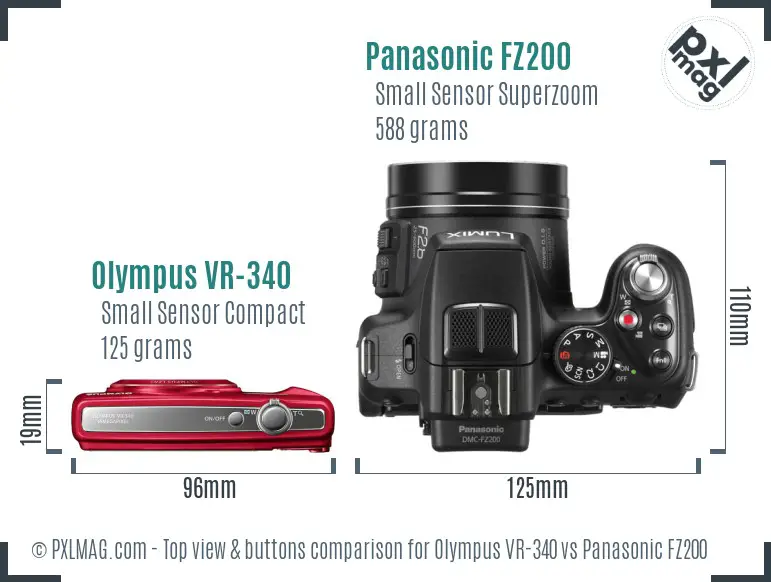 Olympus VR-340 vs Panasonic FZ200 top view buttons comparison