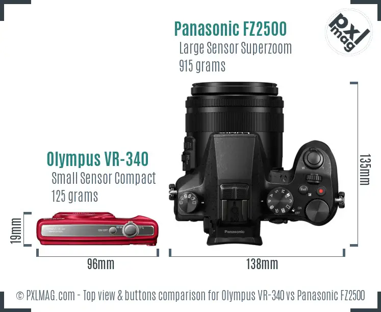 Olympus VR-340 vs Panasonic FZ2500 top view buttons comparison Olympus VR-340 vs Panasonic FZ2500 top view buttons comparison