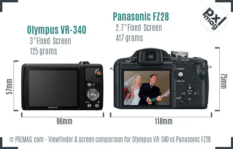Olympus VR-340 vs Panasonic FZ28 Screen and Viewfinder comparison
