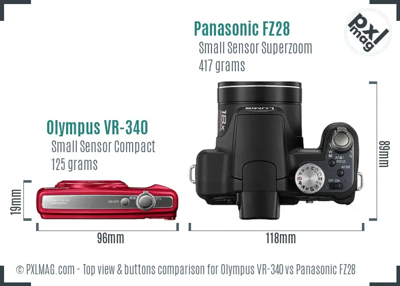 Olympus VR-340 vs Panasonic FZ28 top view buttons comparison