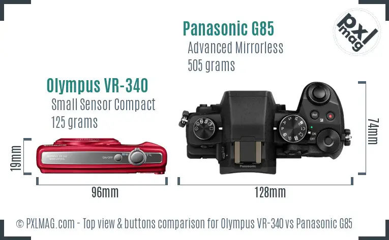 Olympus VR-340 vs Panasonic G85 top view buttons comparison