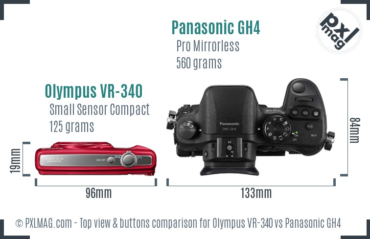 Olympus VR-340 vs Panasonic GH4 top view buttons comparison