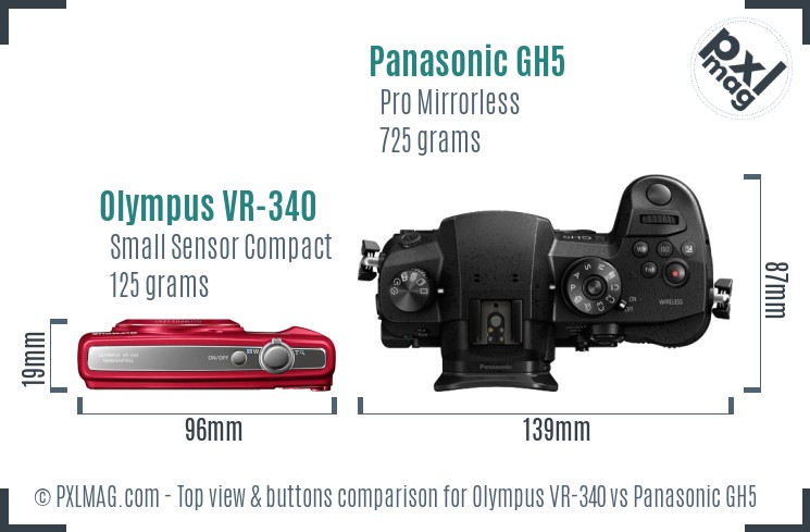 Olympus VR-340 vs Panasonic GH5 top view buttons comparison