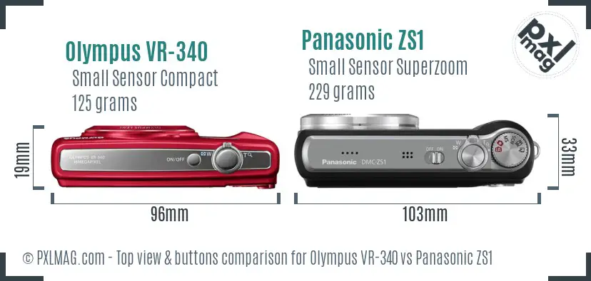Olympus VR-340 vs Panasonic ZS1 top view buttons comparison