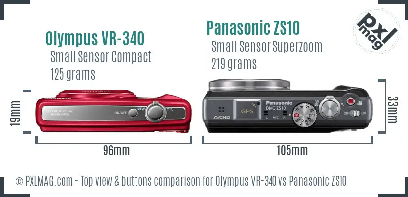 Olympus VR-340 vs Panasonic ZS10 top view buttons comparison