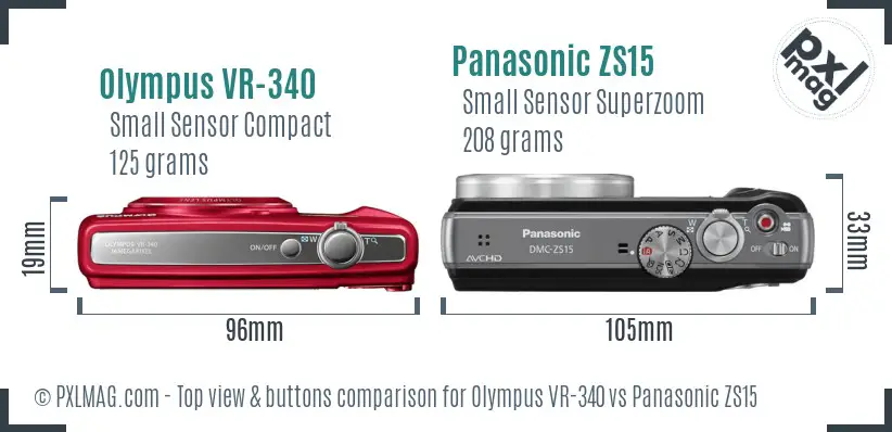 Olympus VR-340 vs Panasonic ZS15 top view buttons comparison