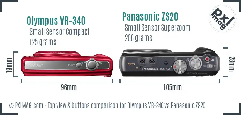 Olympus VR-340 vs Panasonic ZS20 top view buttons comparison