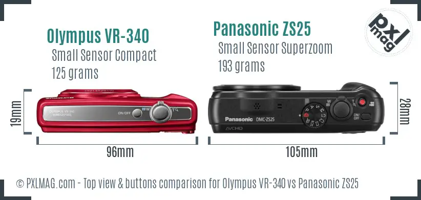 Olympus VR-340 vs Panasonic ZS25 top view buttons comparison