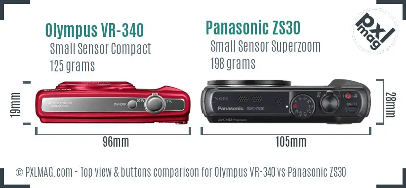 Olympus VR-340 vs Panasonic ZS30 top view buttons comparison
