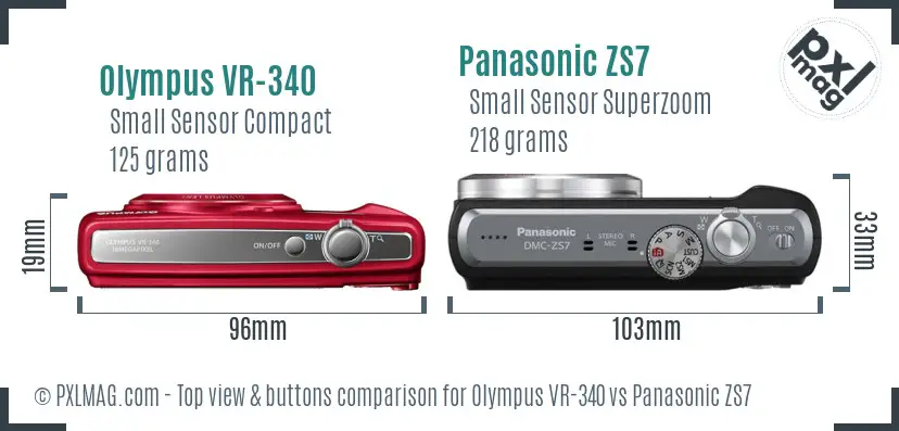 Olympus VR-340 vs Panasonic ZS7 top view buttons comparison