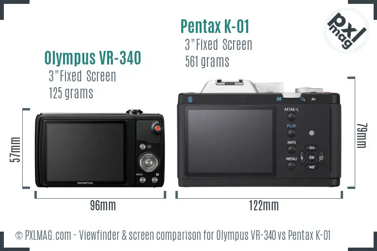 Olympus VR-340 vs Pentax K-01 Screen and Viewfinder comparison