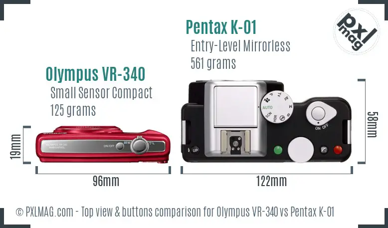 Olympus VR-340 vs Pentax K-01 top view buttons comparison