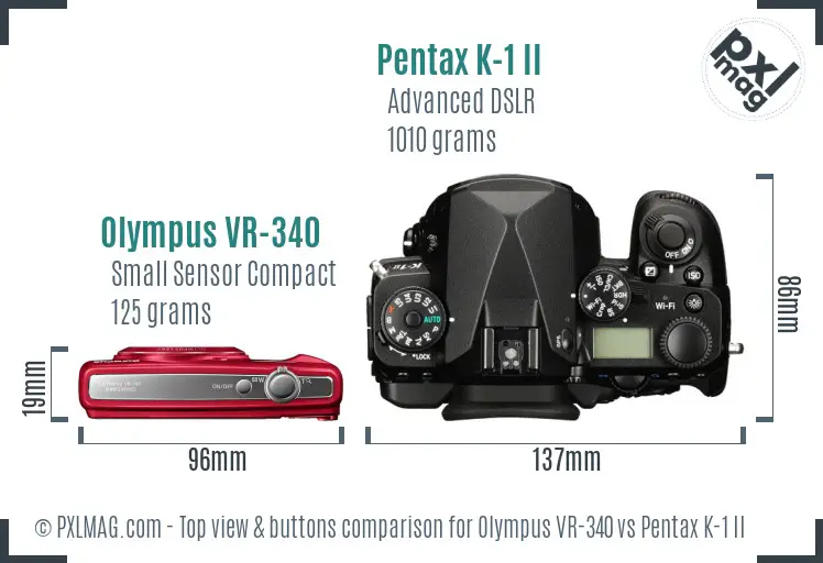 Olympus VR-340 vs Pentax K-1 II top view buttons comparison