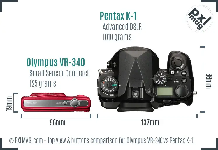 Olympus VR-340 vs Pentax K-1 top view buttons comparison