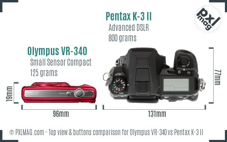 Olympus VR-340 vs Pentax K-3 II top view buttons comparison