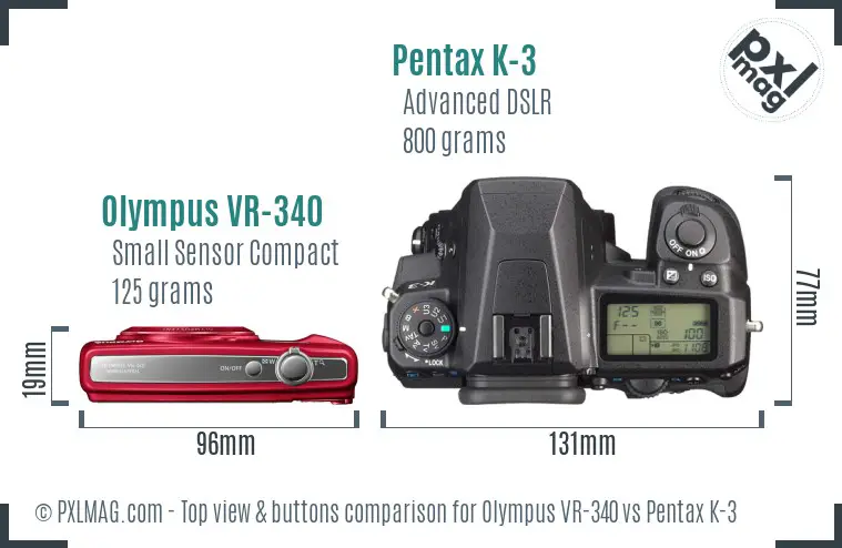 Olympus VR-340 vs Pentax K-3 top view buttons comparison