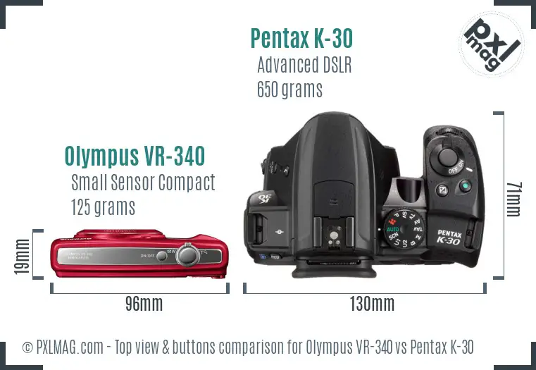 Olympus VR-340 vs Pentax K-30 top view buttons comparison
