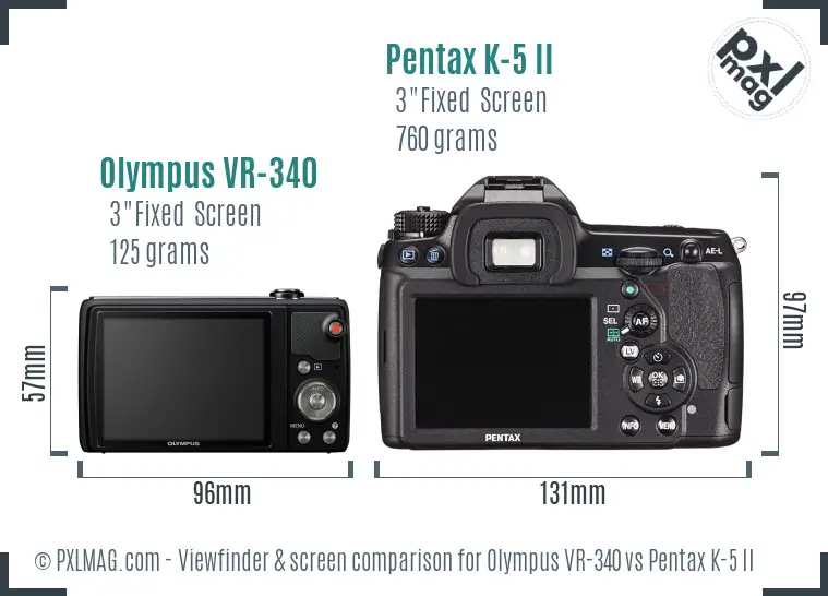Olympus VR-340 vs Pentax K-5 II Screen and Viewfinder comparison