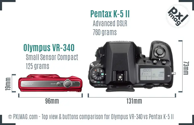 Olympus VR-340 vs Pentax K-5 II top view buttons comparison