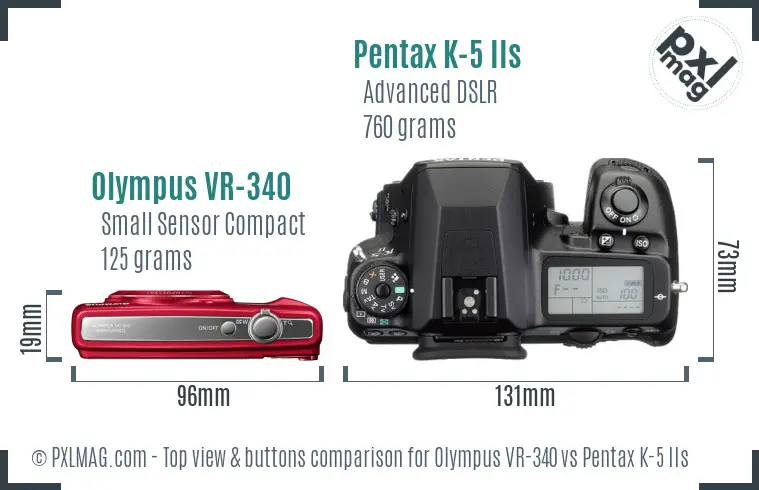 Olympus VR-340 vs Pentax K-5 IIs top view buttons comparison