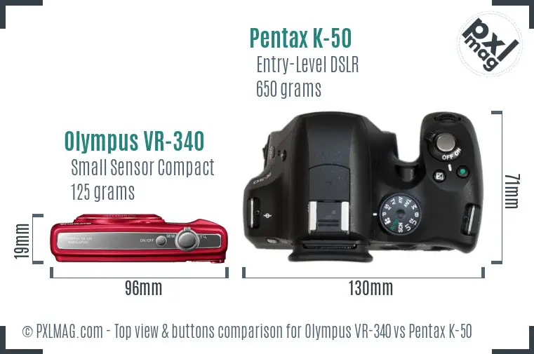 Olympus VR-340 vs Pentax K-50 top view buttons comparison