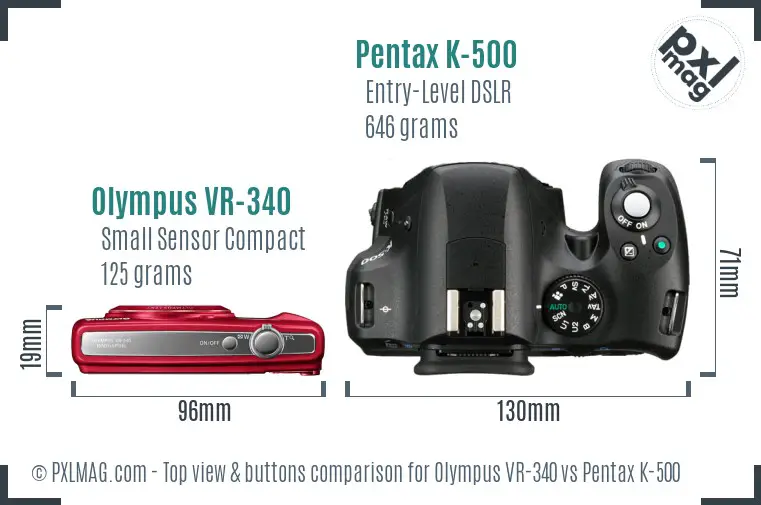 Olympus VR-340 vs Pentax K-500 top view buttons comparison