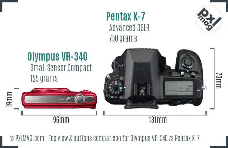 Olympus VR-340 vs Pentax K-7 top view buttons comparison