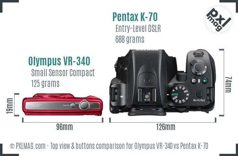 Olympus VR-340 vs Pentax K-70 top view buttons comparison