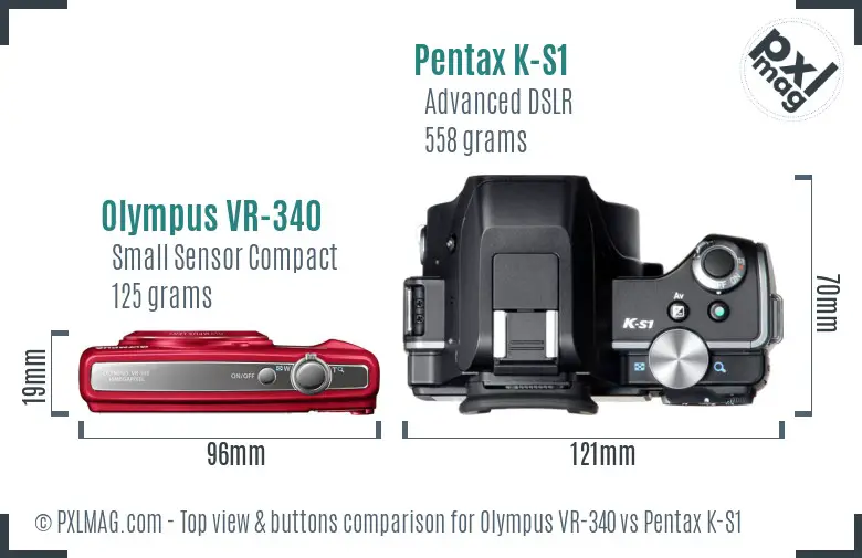 Olympus VR-340 vs Pentax K-S1 top view buttons comparison