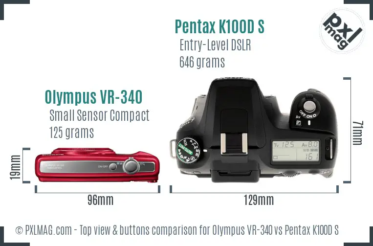 Olympus VR-340 vs Pentax K100D S top view buttons comparison