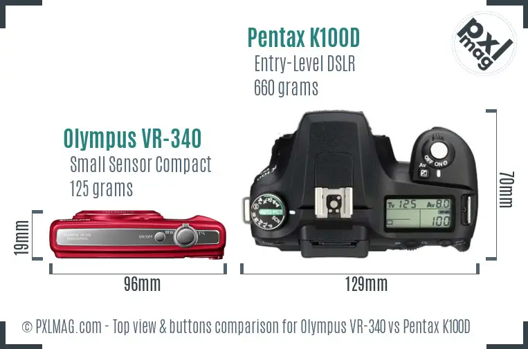 Olympus VR-340 vs Pentax K100D top view buttons comparison