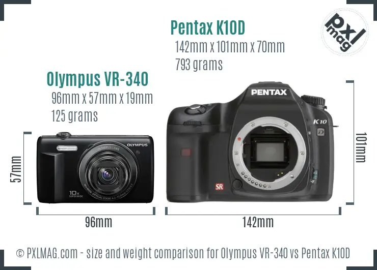 Olympus VR-340 vs Pentax K10D size comparison