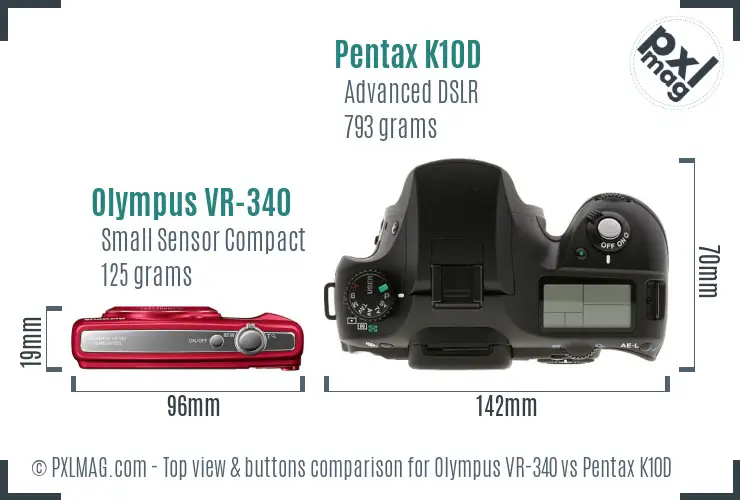 Olympus VR-340 vs Pentax K10D top view buttons comparison