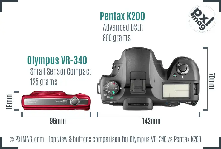 Olympus VR-340 vs Pentax K20D top view buttons comparison