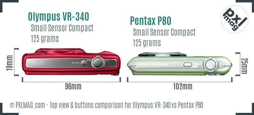 Olympus VR-340 vs Pentax P80 top view buttons comparison