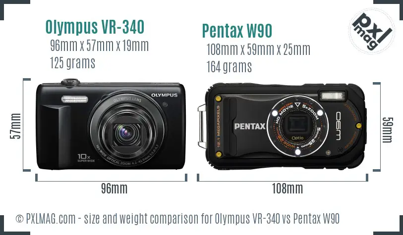 Olympus VR-340 vs Pentax W90 size comparison