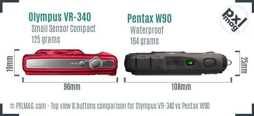 Olympus VR-340 vs Pentax W90 top view buttons comparison
