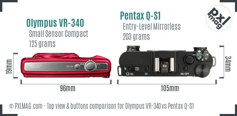 Olympus VR-340 vs Pentax Q-S1 top view buttons comparison