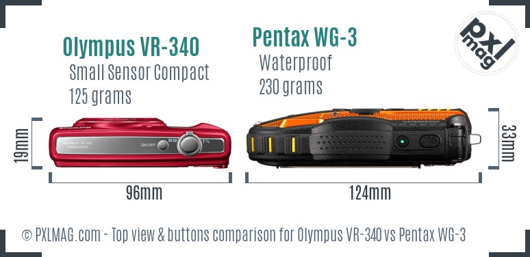 Olympus VR-340 vs Pentax WG-3 top view buttons comparison