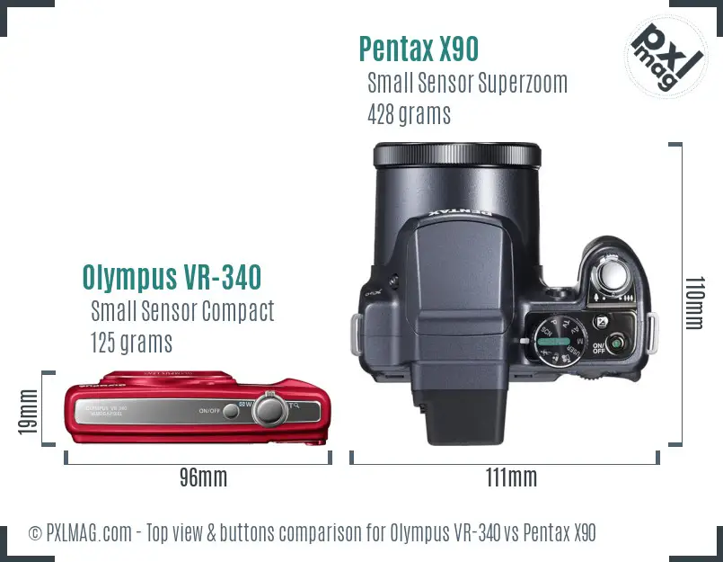 Olympus VR-340 vs Pentax X90 top view buttons comparison