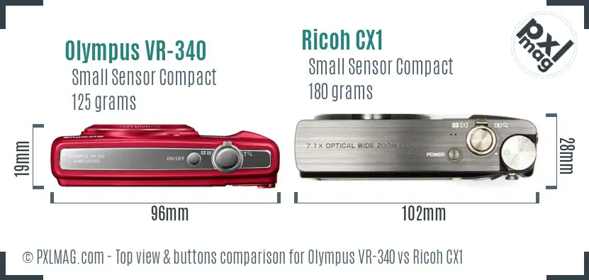 Olympus VR-340 vs Ricoh CX1 top view buttons comparison