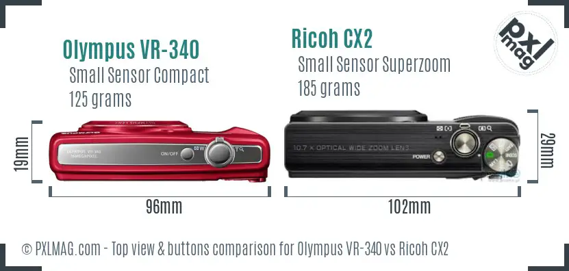 Olympus VR-340 vs Ricoh CX2 top view buttons comparison