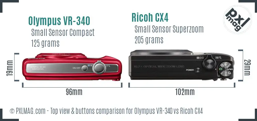 Olympus VR-340 vs Ricoh CX4 top view buttons comparison