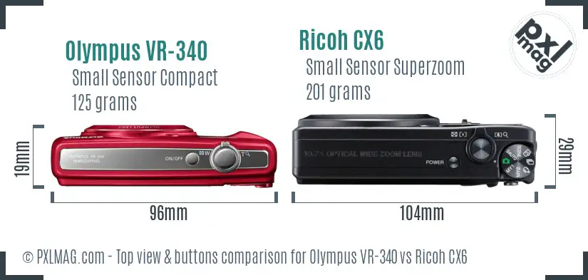Olympus VR-340 vs Ricoh CX6 top view buttons comparison Olympus VR-340 vs Ricoh CX6 top view buttons comparison
