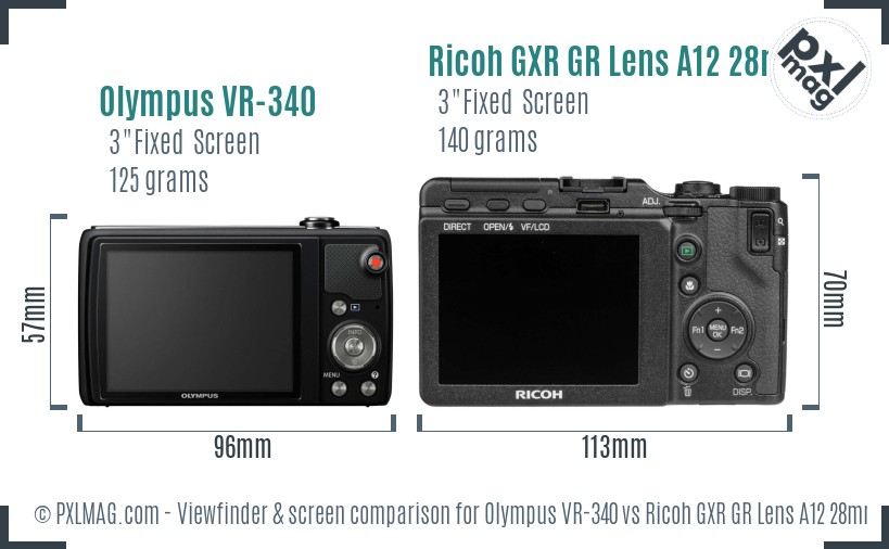 Olympus VR-340 vs Ricoh GXR GR Lens A12 28mm F2.5 Screen and Viewfinder comparison