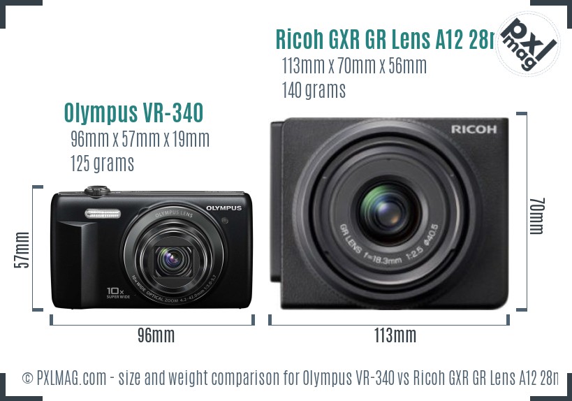 Olympus VR-340 vs Ricoh GXR GR Lens A12 28mm F2.5 size comparison
