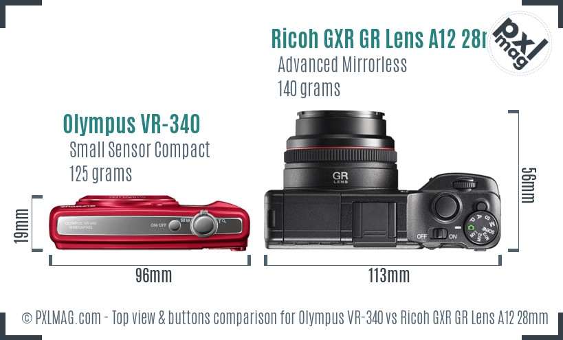Olympus VR-340 vs Ricoh GXR GR Lens A12 28mm F2.5 top view buttons comparison