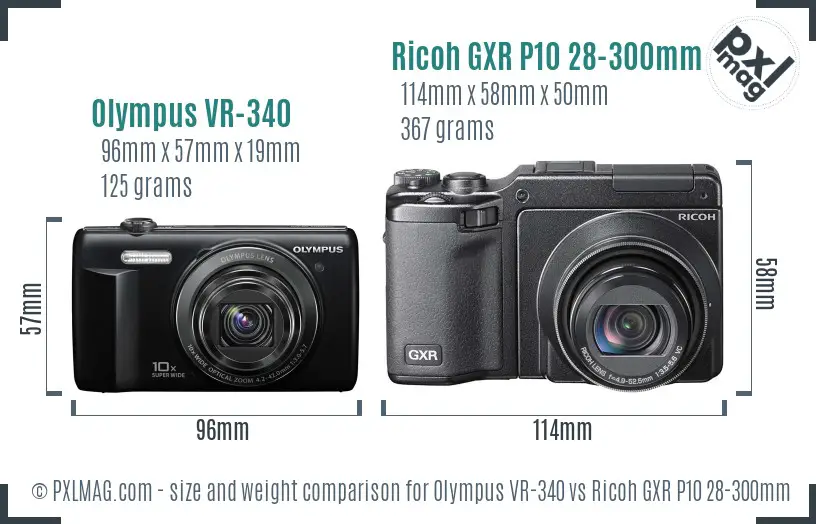 Olympus VR-340 vs Ricoh GXR P10 28-300mm F3.5-5.6 VC size comparison